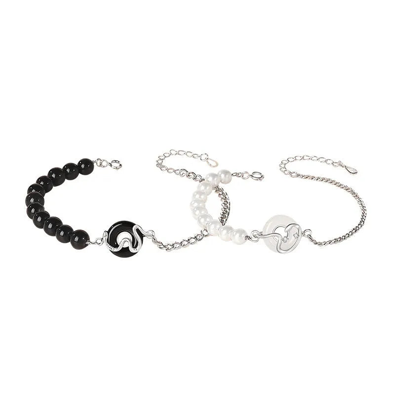925 sterling silver bracelet with snake zodiac motif, obsidian pearl, and safe buckle in New Chinese style