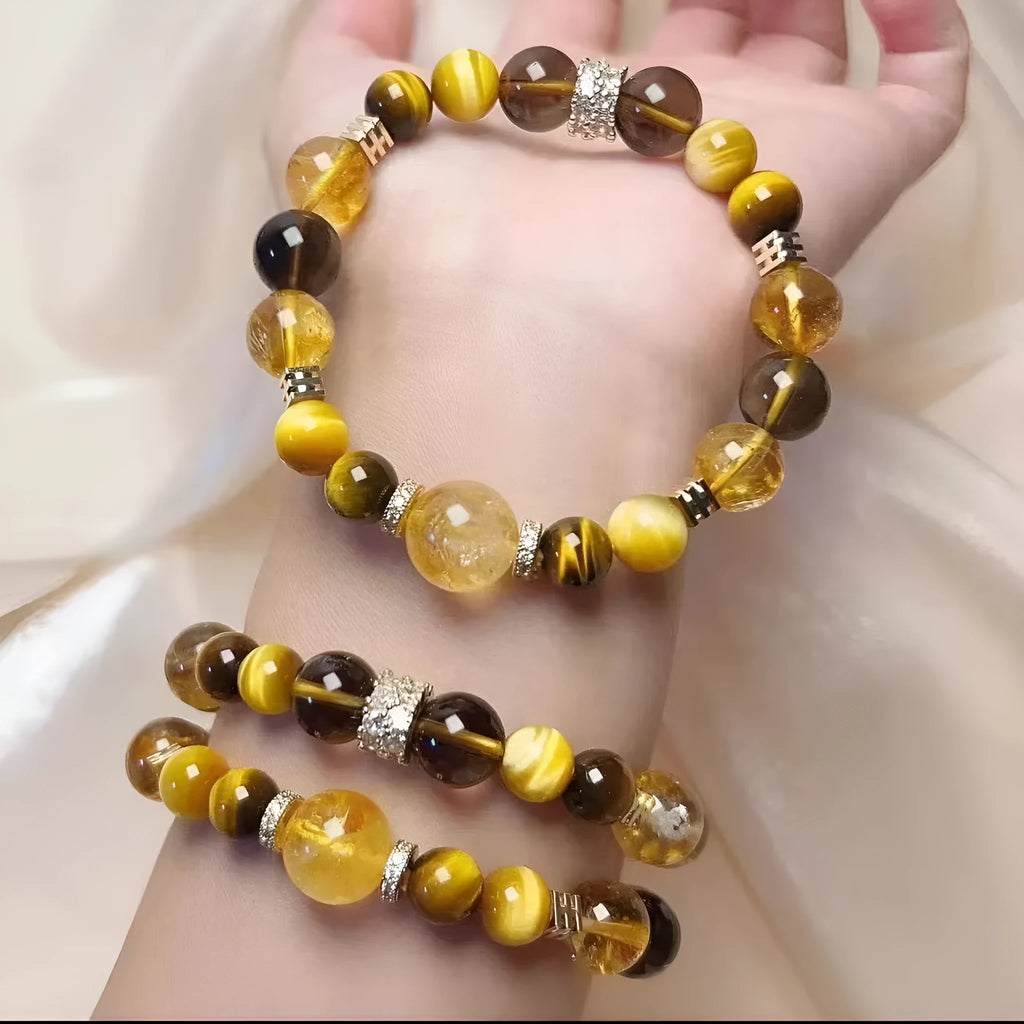 Natural yellow 10mm tower crystal string beads bracelet on wrist