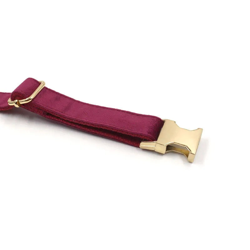 Burgundy velvet dog collar set with bow tie and leash on a wooden floor