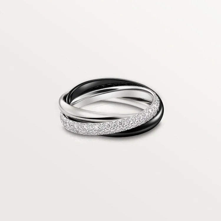 Geometric U-shaped sterling silver couple rings on a hand, showing full diamond band and plain band options.