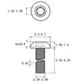 Stainless steel half round head pan head screw with hex socket drive, shown with a scale indicating 16mm head diameter.