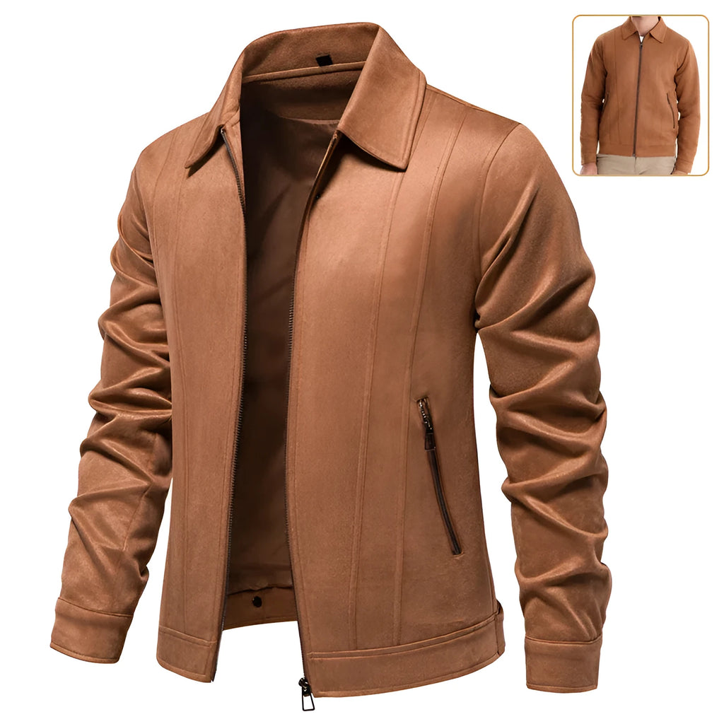 Men's solid suede lapel zipper jacket autumn winter outdoor coat front view