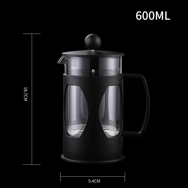 Household coffee press manual coffee pot with black high borosilicate glass carafe and 304 stainless steel filter