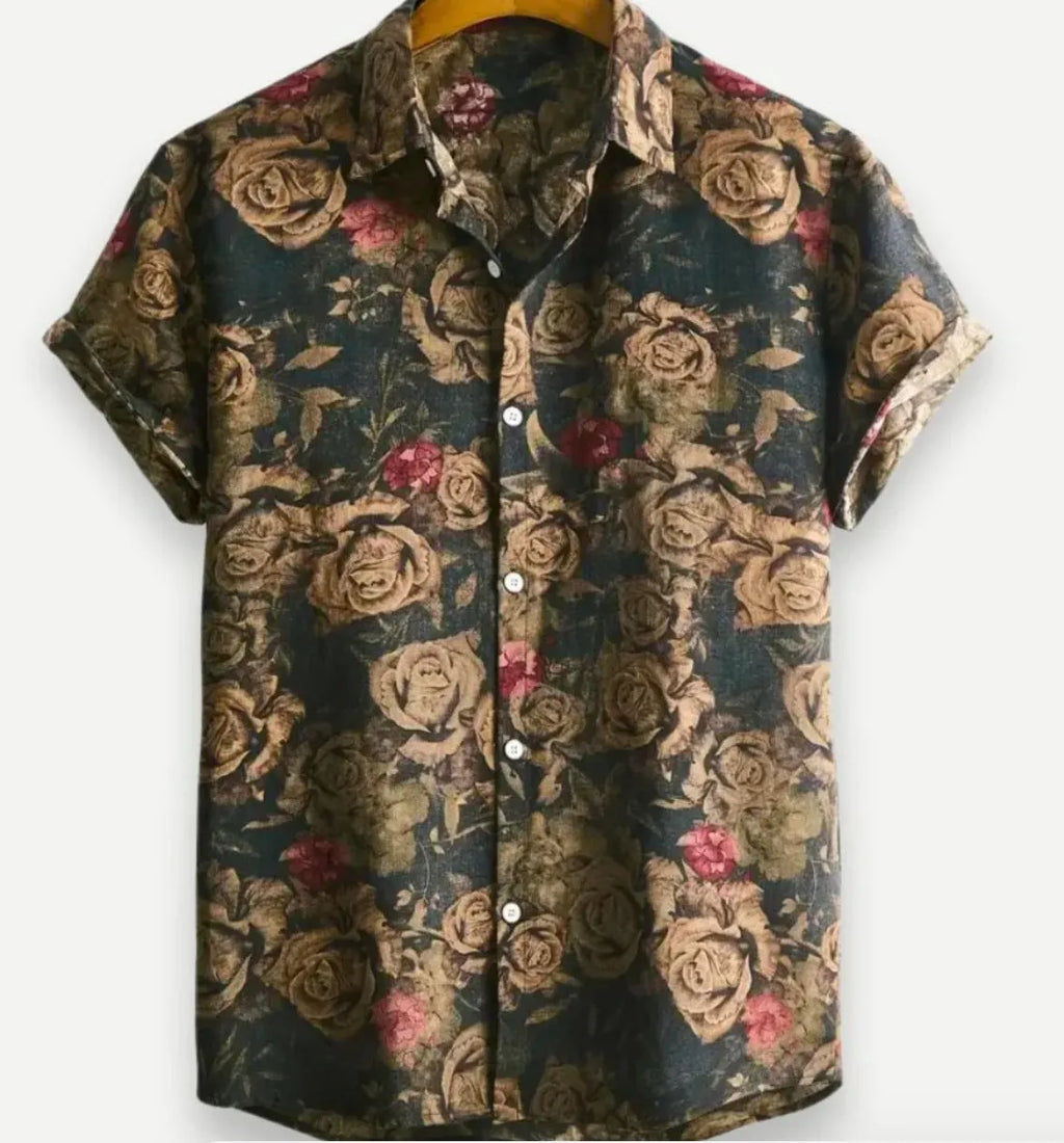 Hawaiian floral print lapel short sleeve shirt in elastic polyester fabric on a hanger