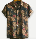 Hawaiian floral print lapel short sleeve shirt in elastic polyester fabric on a hanger