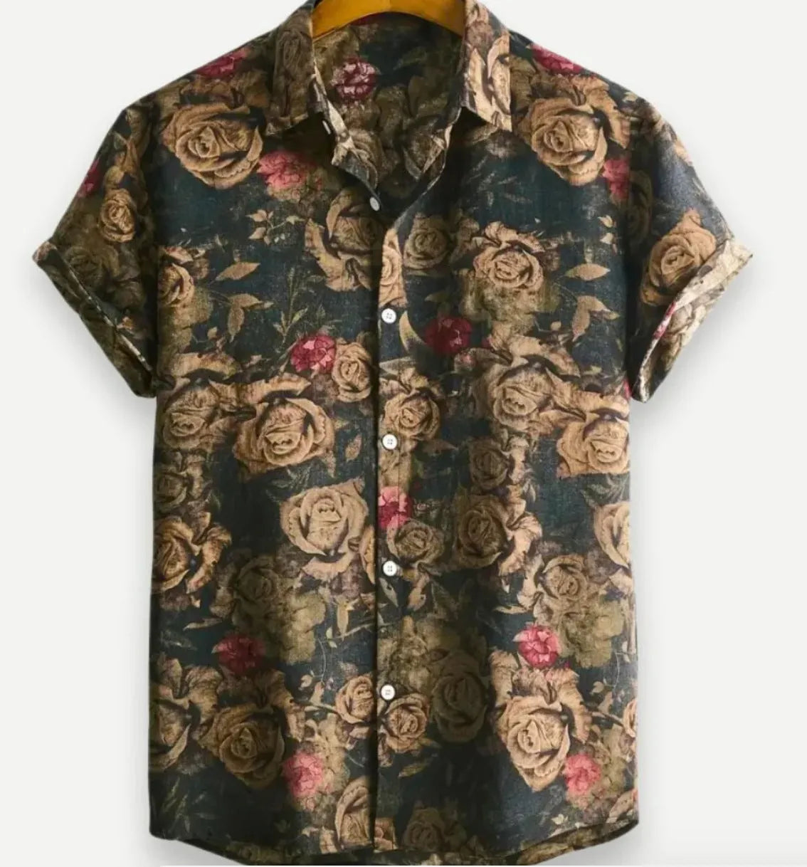 Hawaiian floral print lapel short sleeve shirt in elastic polyester fabric on a hanger
