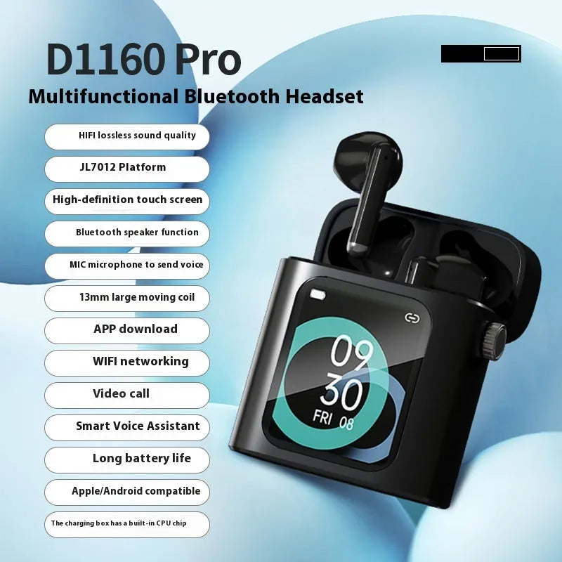 Bluetooth wireless TWS earbuds with large digital display charging case in black and white options