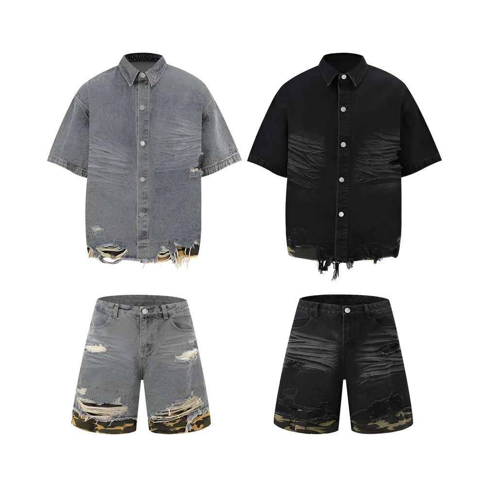 Leopard print denim short sleeve jacket and matching shorts set with raw cut edge stitching.