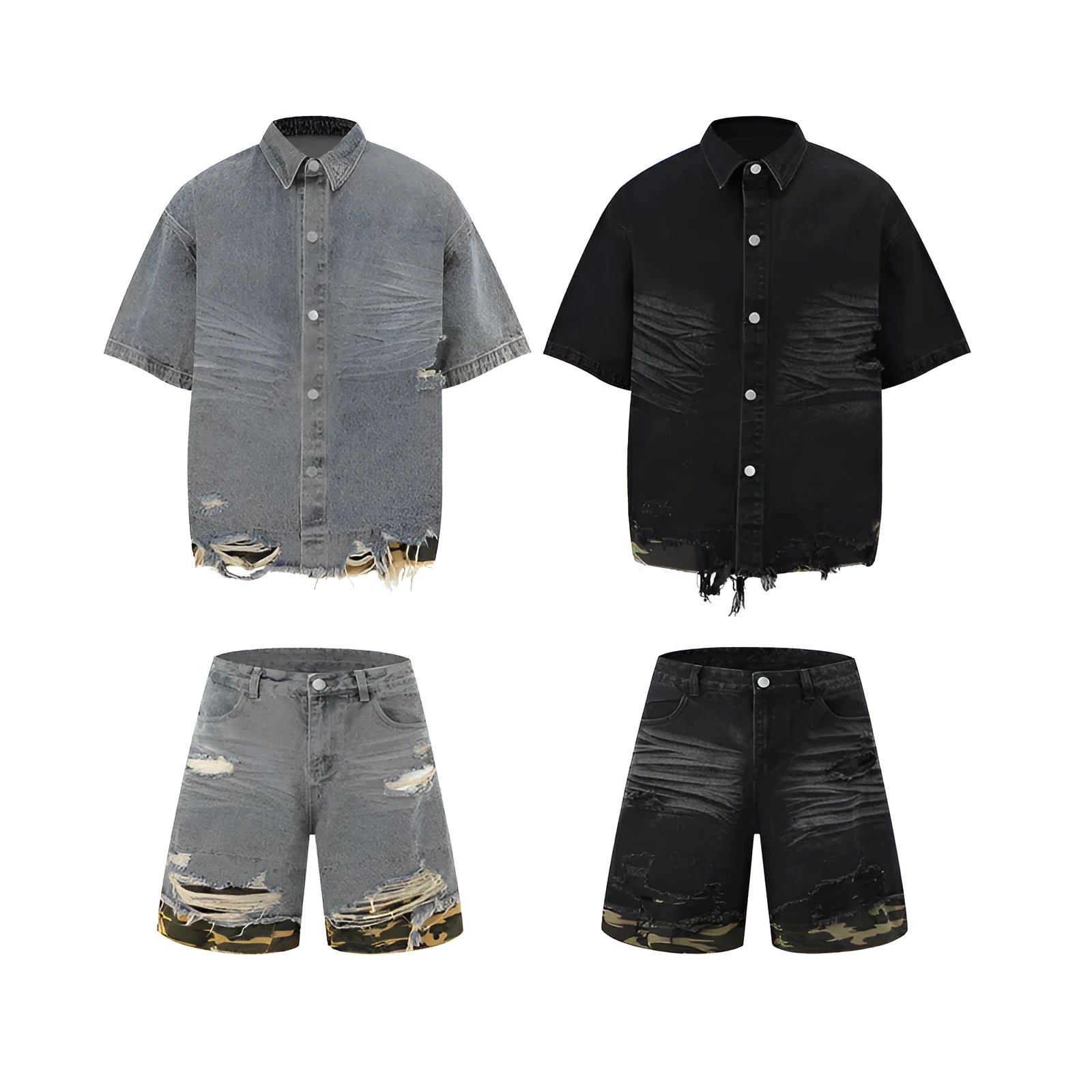 Leopard print denim short sleeve jacket and matching shorts set with raw cut edge stitching.