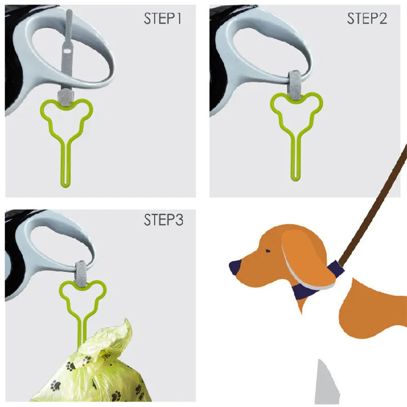A hands-free dog poop bag holder with a clip and adjustable Velcro strap, shown in a random colour.
