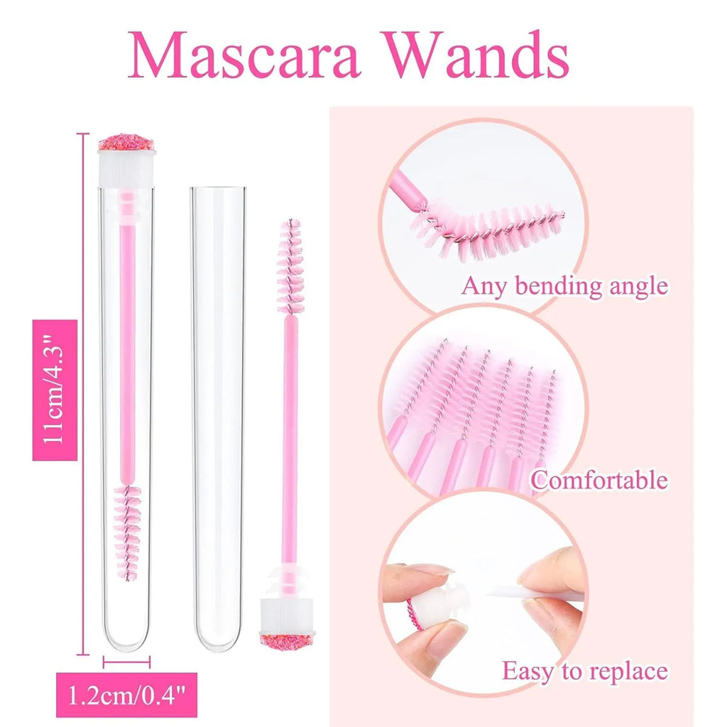 Disposable mascara brushes in transparent storage tubes for eyelash extensions and makeup.