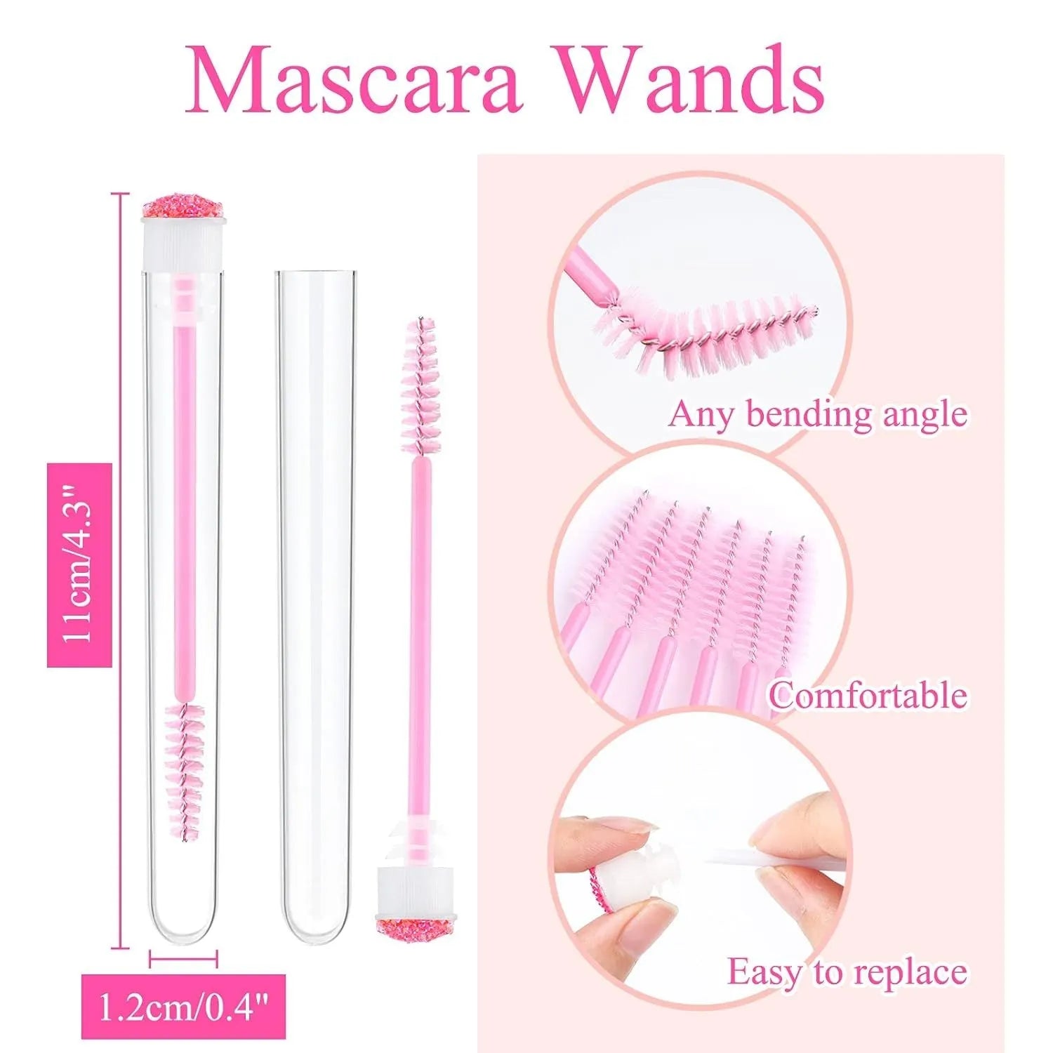 Disposable mascara brushes in transparent storage tubes for eyelash extensions and makeup.