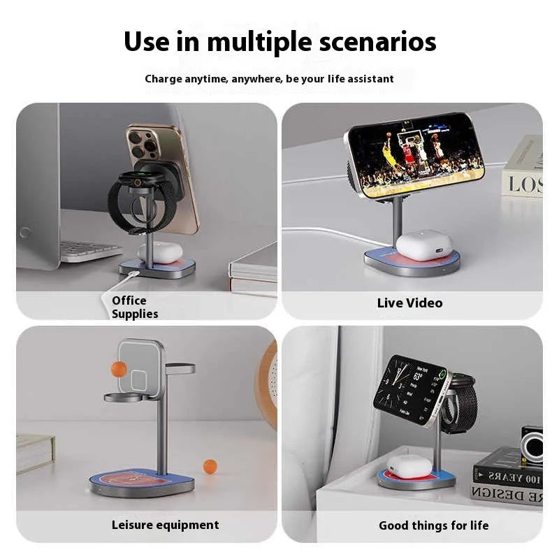 Three-in-one basketball magnetic wireless charger with aluminium alloy body in black, red blue, and silver grey for iPhone, Apple Watch, and AirPods