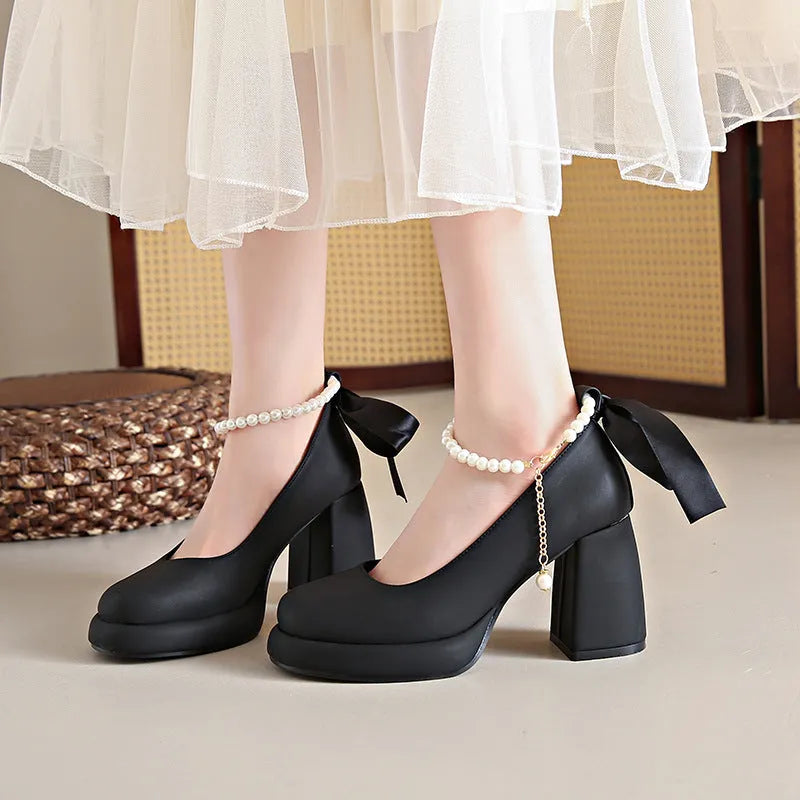Women's beige preppy style Mary Jane shoes with chunky heel and ankle strap buckle