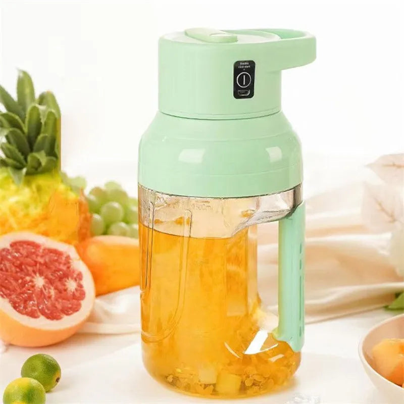 Portable 1500ml electric juicer with double handles and USB charging cable in emerald green