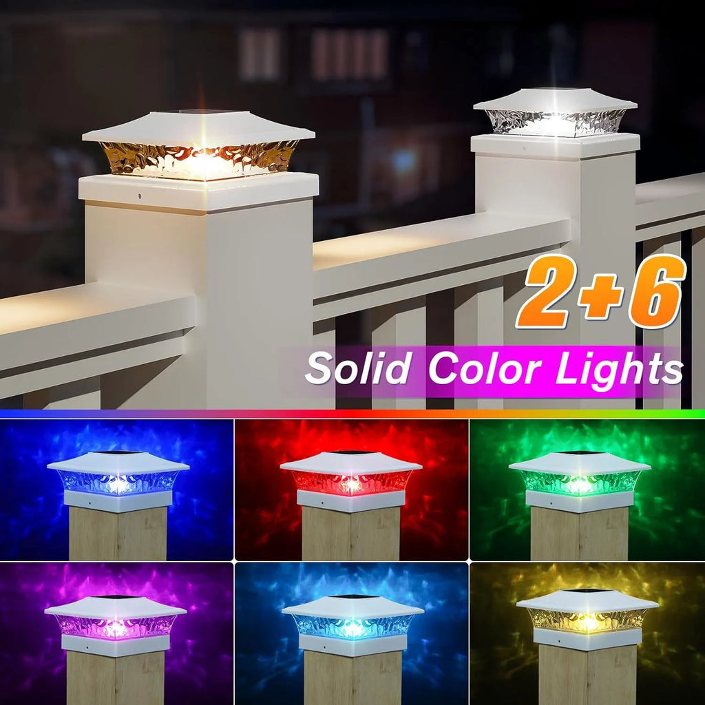 Solar pillar lamp with two-color LED on a wooden villa railing in a garden courtyard