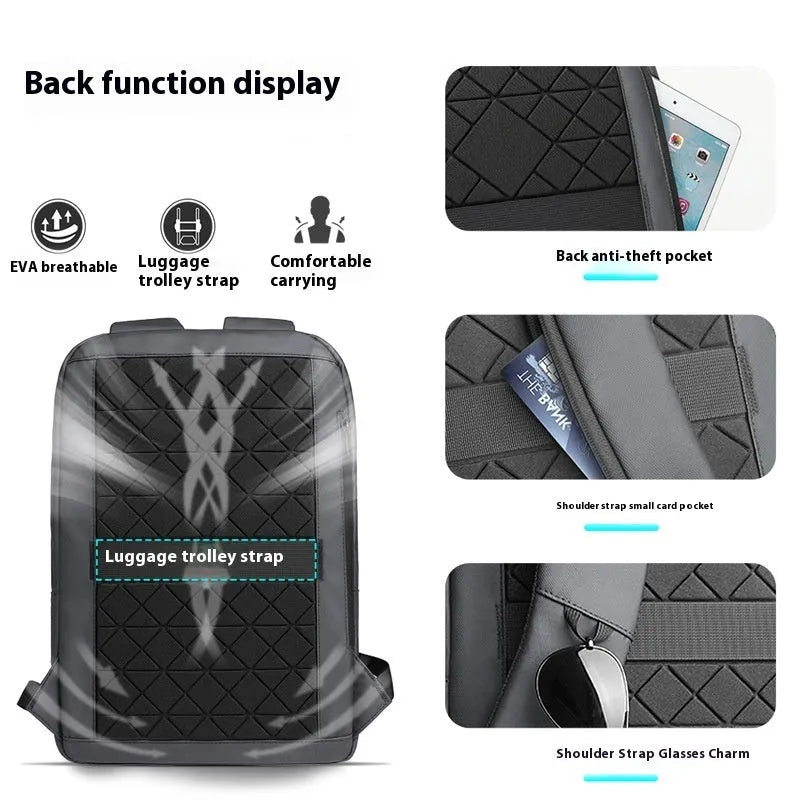 Lightweight Oxford cloth business travel backpack for men in dark grey colour with sewing line details