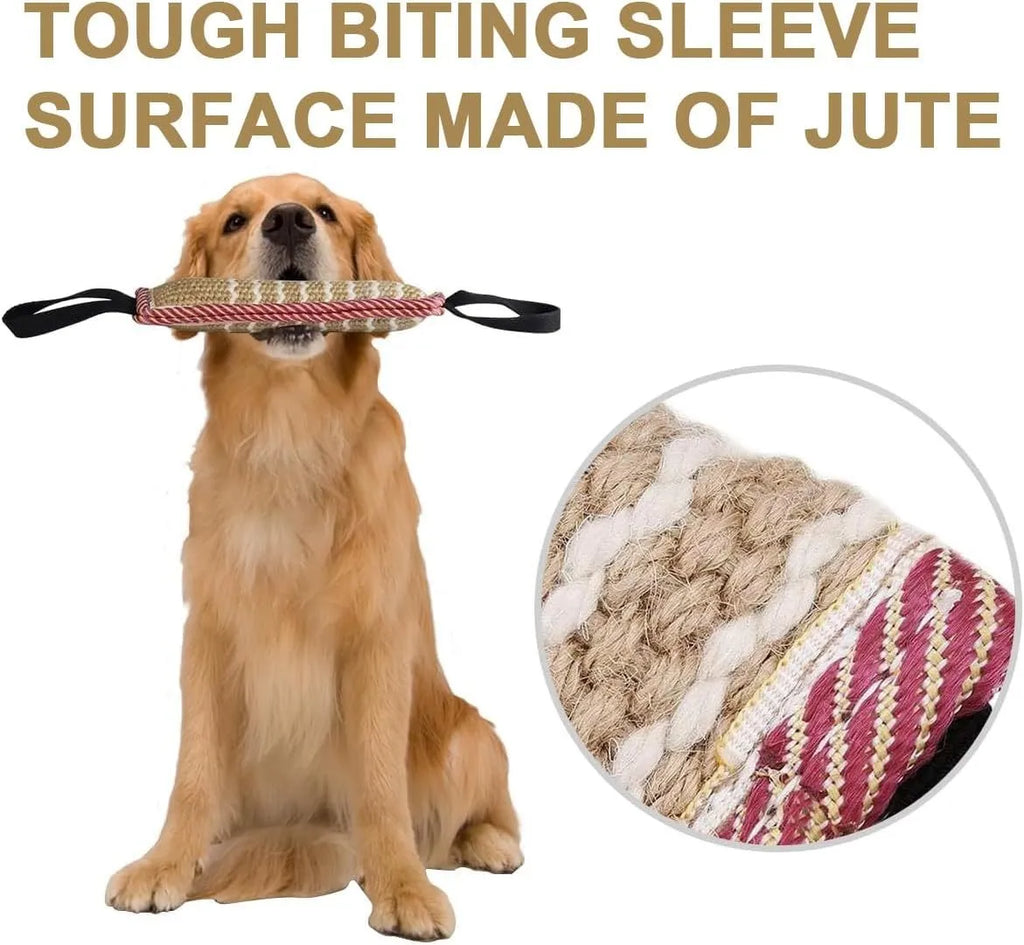 Beige and pink jute dog tug toy with two handles, measuring 30cm long.