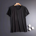 Men's loose fit ice silk short sleeve t-shirt in solid grey, showing crew neck and thin fabric texture.