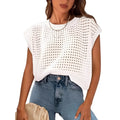 White loose-fit women's pullover sweater with decorative crochet sleeves and a round neck.