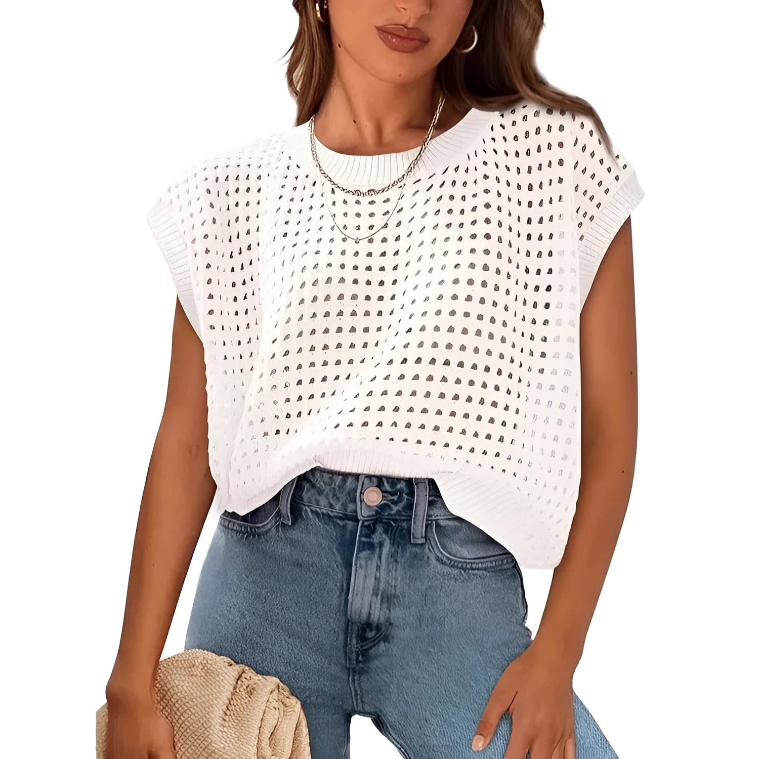 White loose-fit women's pullover sweater with decorative crochet sleeves and a round neck.