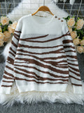 Zebra print round neck long sleeve sweater in acrylic knit, loose fit pullover, black and white colour