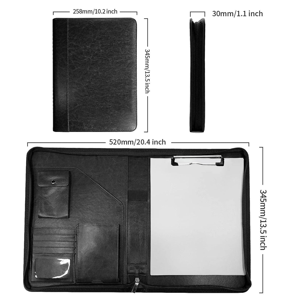 Waterproof PU leather zipper buggy bag for loose-leaf planners in black with sewing thread details, 34x25.5x3cm