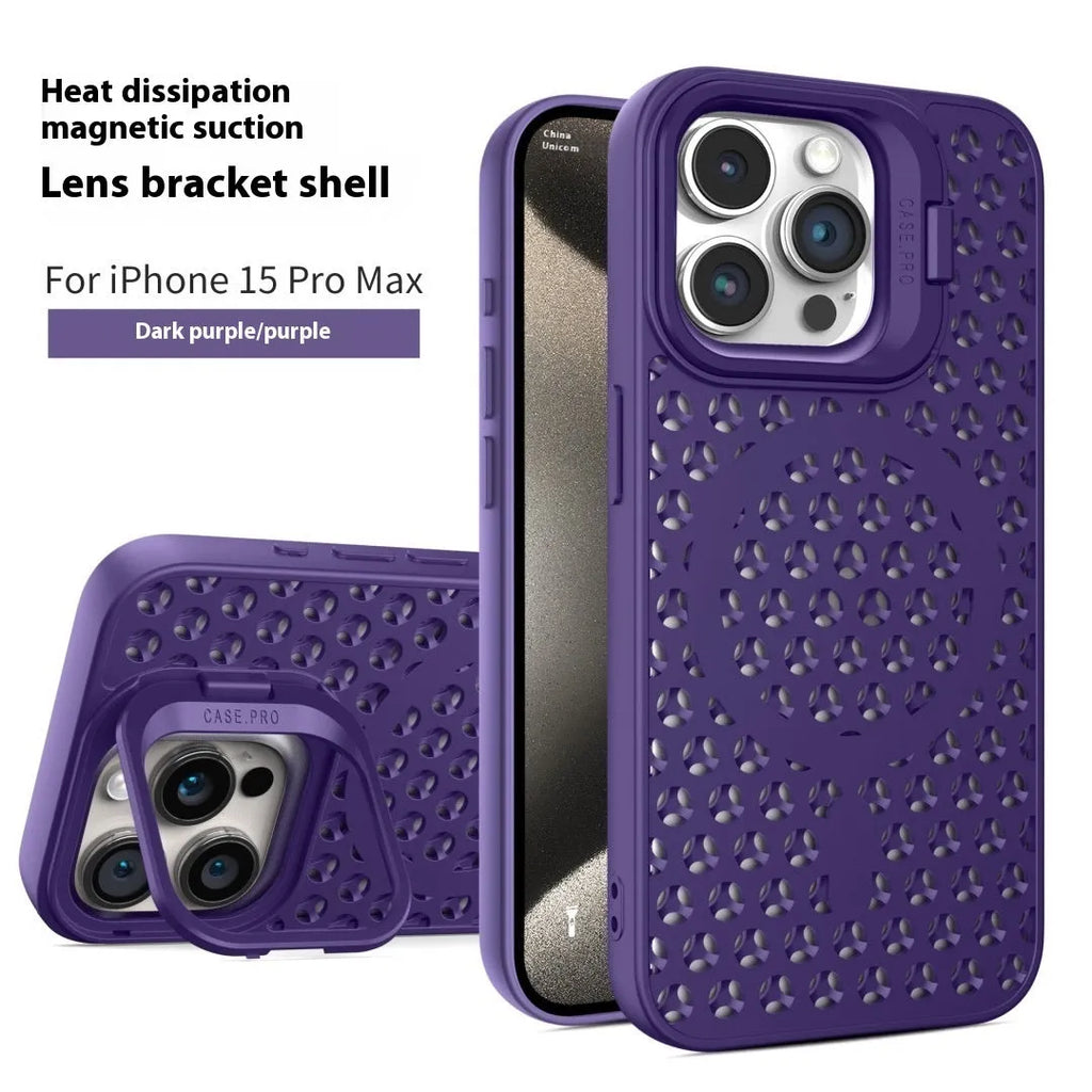 Magnetic suction lens bracket phone case for iPhone in purple, green, blue, black, silver gray or orange TPU.