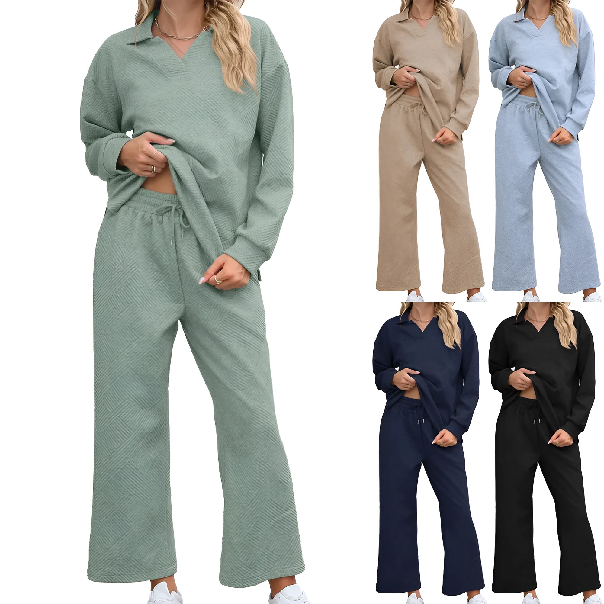 Women's black knitted jacquard long sleeve sweater and elastic waist cropped pants suit on a hanger.