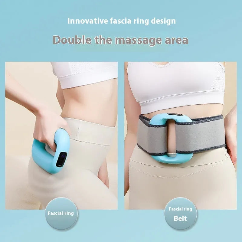 Mini fitness massage gun with LED screen in blue, showing three speed gears