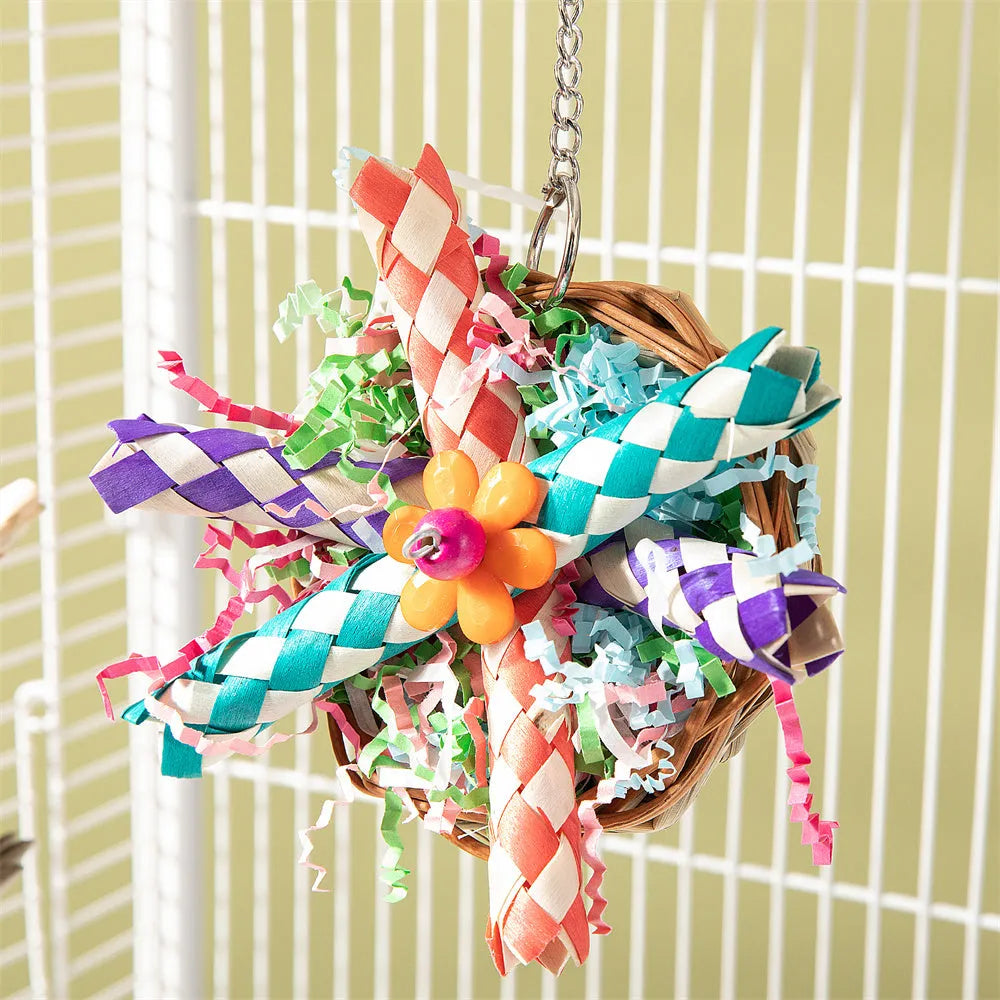 Parrot gnawing toy set with three wood and sisal rope chew designs for molar activity.