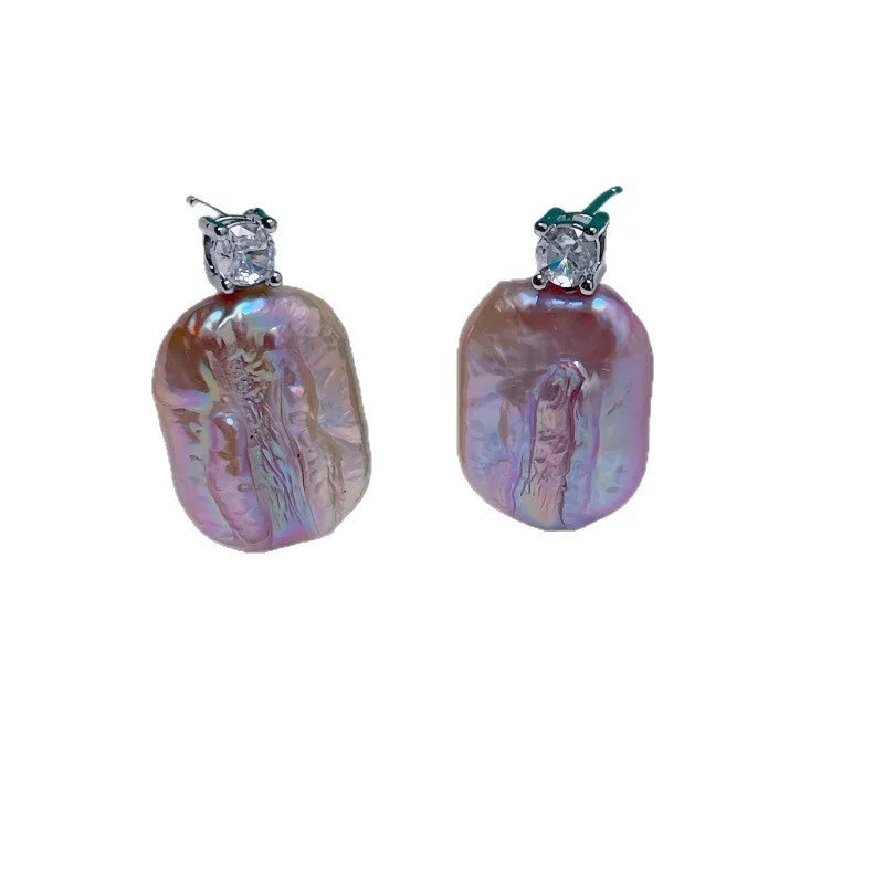 Natural freshwater baroque pearl stud earrings with real gold plating, quadrilateral shape, pink or white option