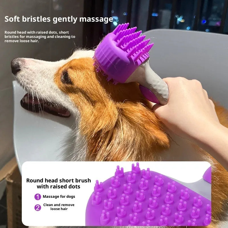 Purple silicone pet shower brush floating in water for dog bath, with body lotion included