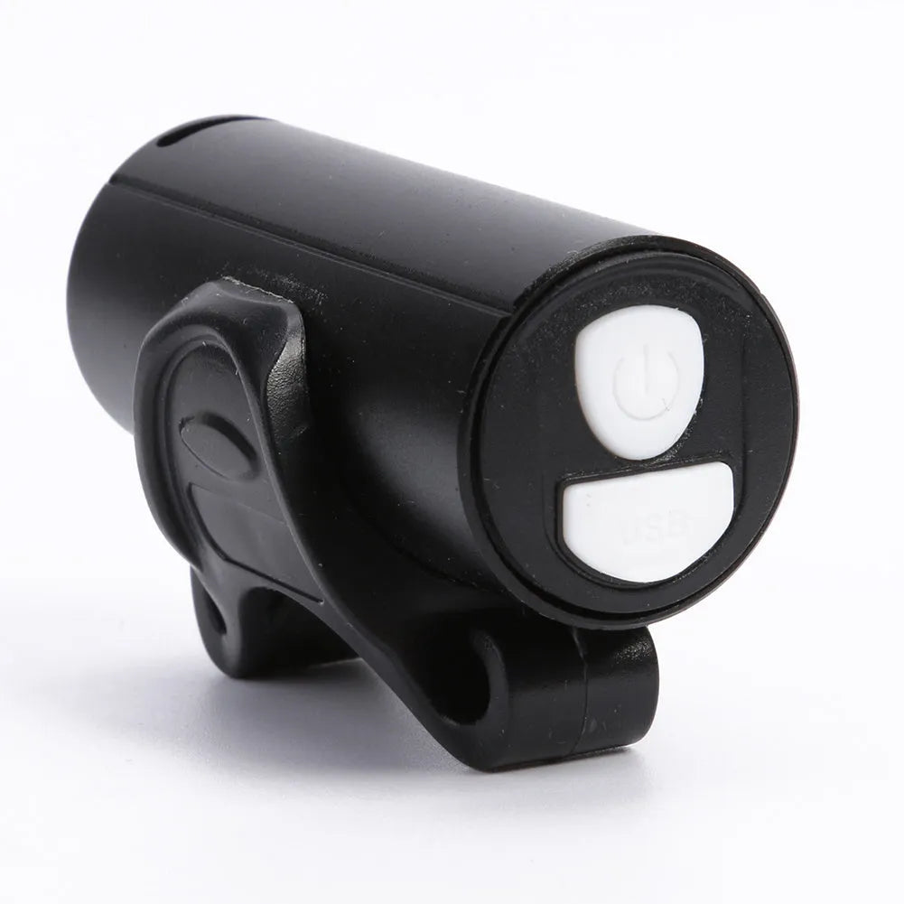 Black USB rechargeable bicycle front light with 350 lumen output mounted on handlebars.