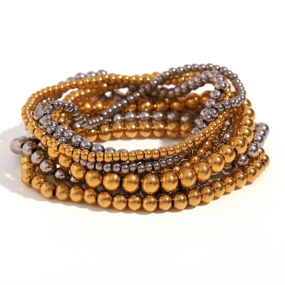 Niche vintage stainless steel plated 18K gold elastic bead bracelet for women round geometric shape gold 4mm