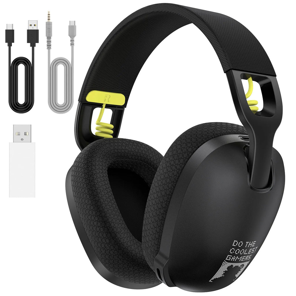 Wireless black and white gaming headset with over-ear design and noise reduction