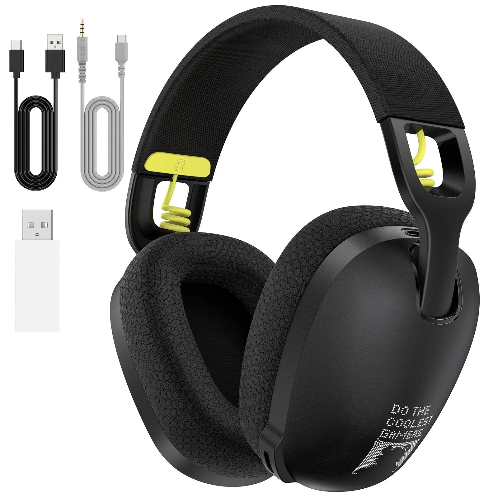Wireless black and white gaming headset with over-ear design and noise reduction