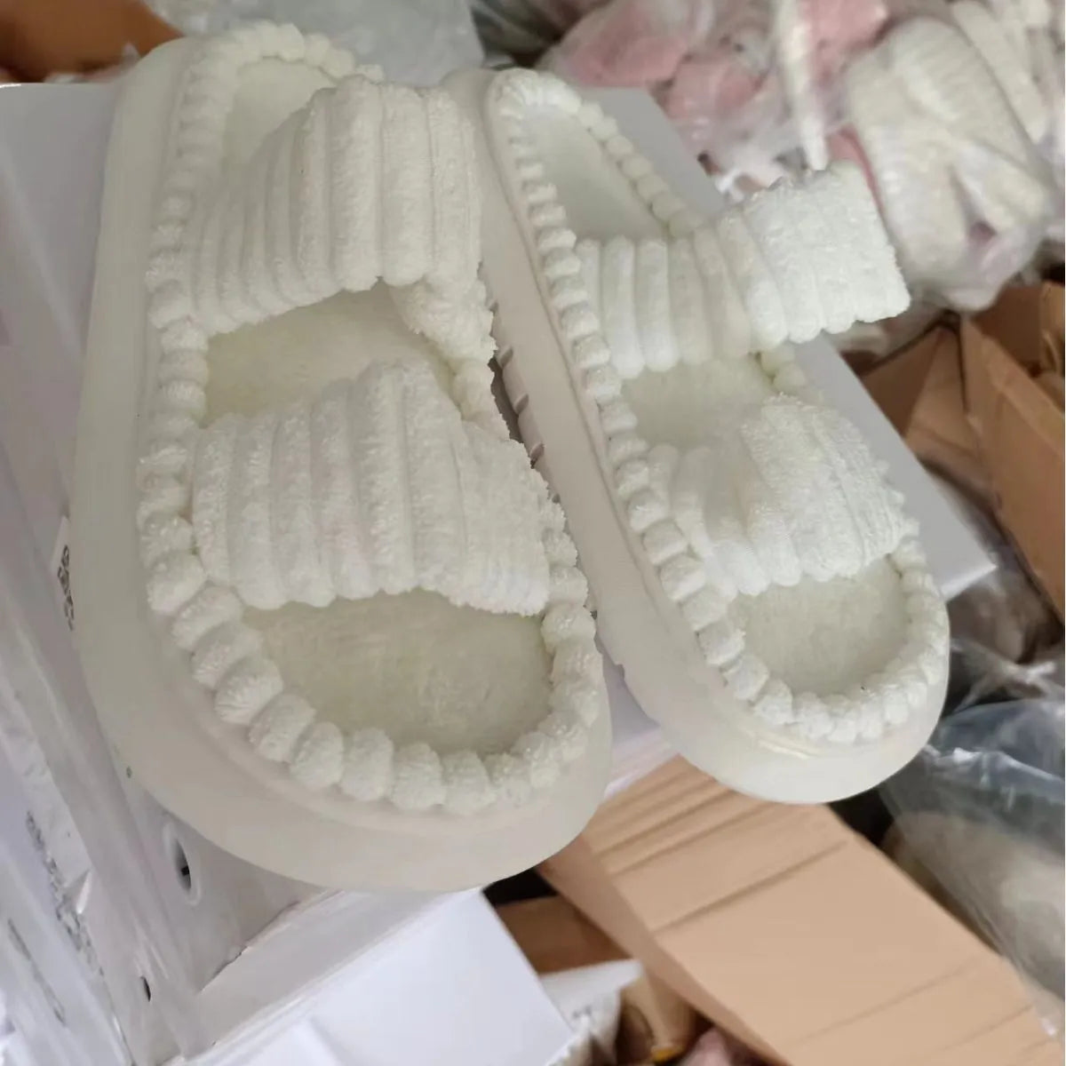 Lamb wool women's cotton slippers with plush upper and hollow out design in black
