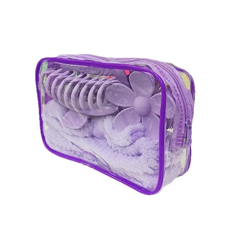 16 bow-shaped plaid washing face hair bands in multiple colours with a wrist strap on a white background