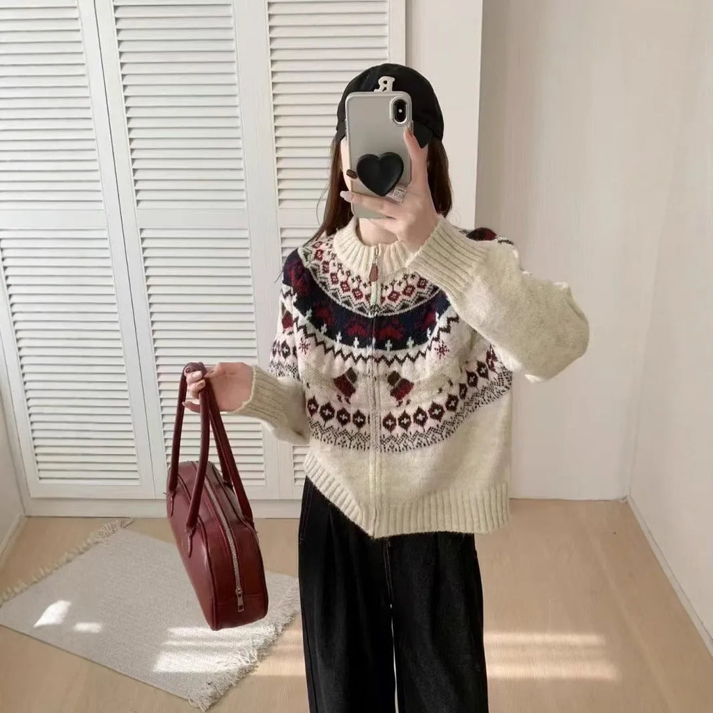 Ethnic style jacquard pullover sweater with 3D pattern in apricot beige colour, loose fit with round neck and long sleeves