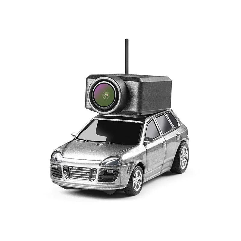 Mini remote control car with alloy body, FPV camera, and blue ambient lighting on a white background