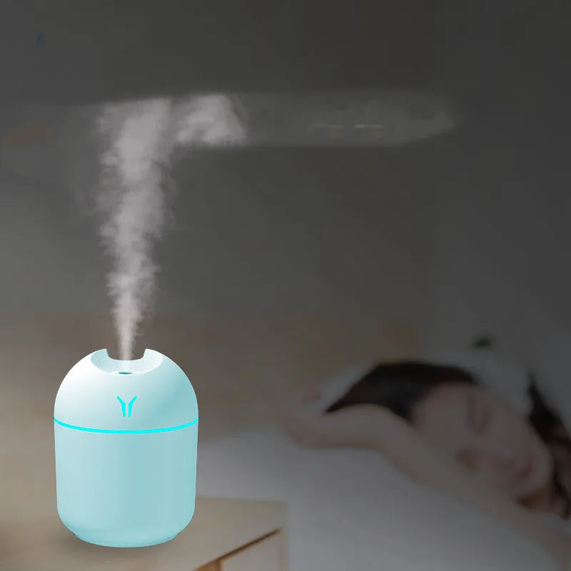 Round desktop humidifier with USB cable and water tank in ivory white, sky blue, or girlish pink colours.