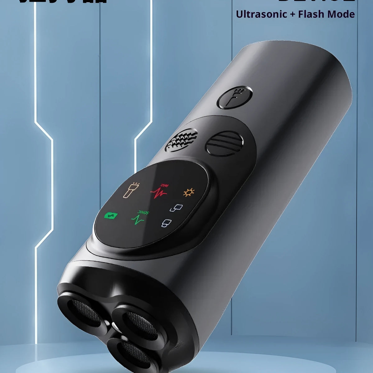Ultrasonic three-head dog repellent bark stopper handheld device with light in orange, grey, or navy blue, 4.85 x 4.68 x 12.60 cm