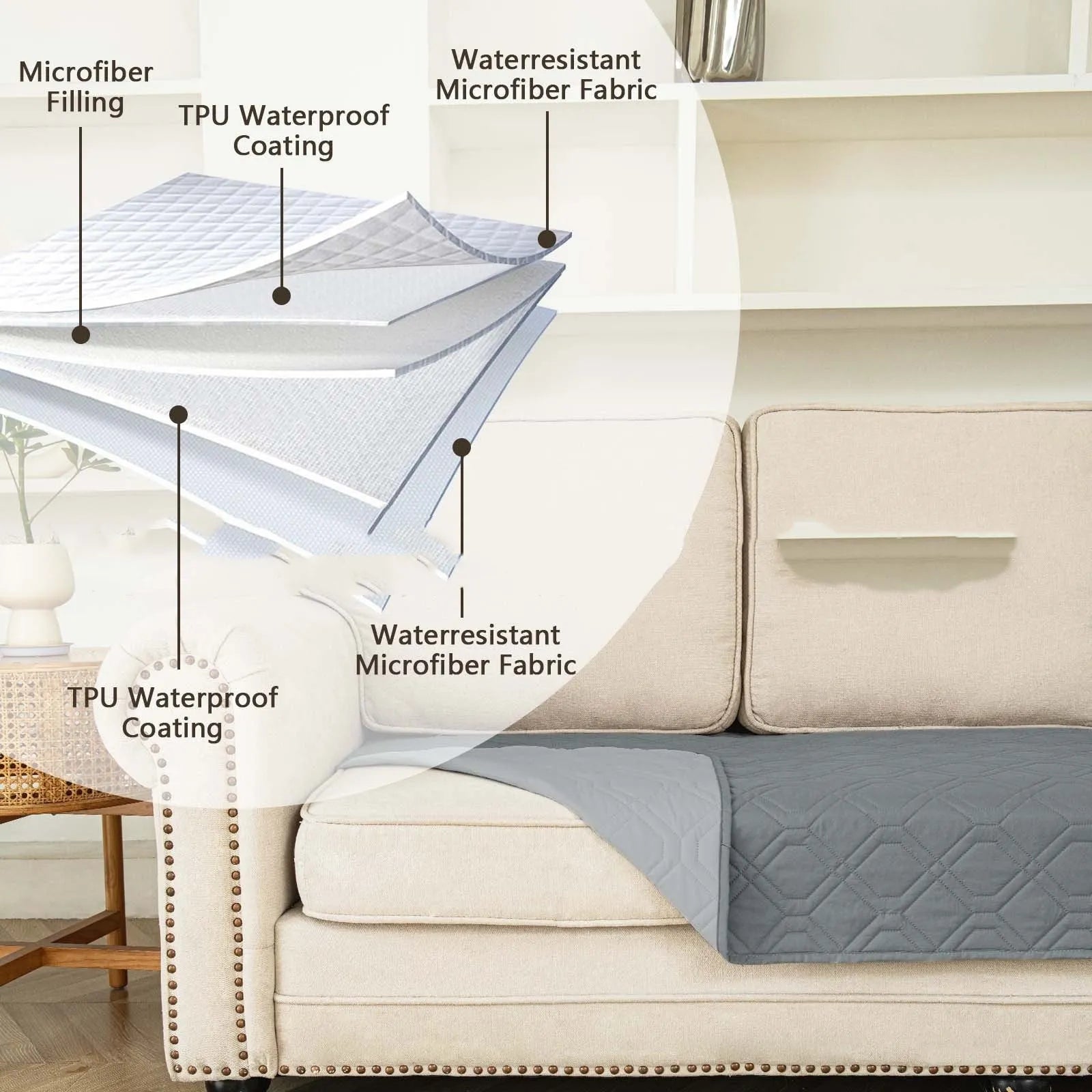 Double-sided waterproof dog sofa cushion in dark grey and light grey reversible colours