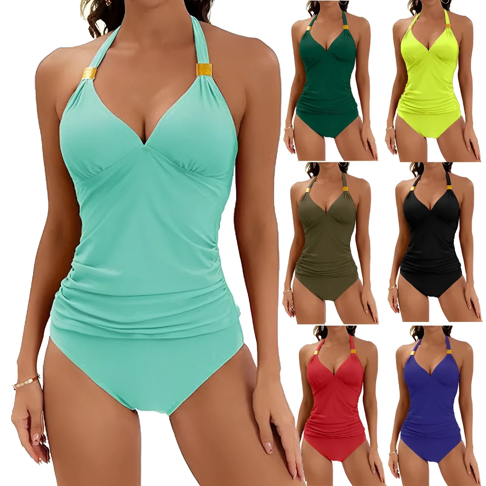 Solid colour halter neck bikini set with V-neck top for women, two-piece swimsuit in summer beach style