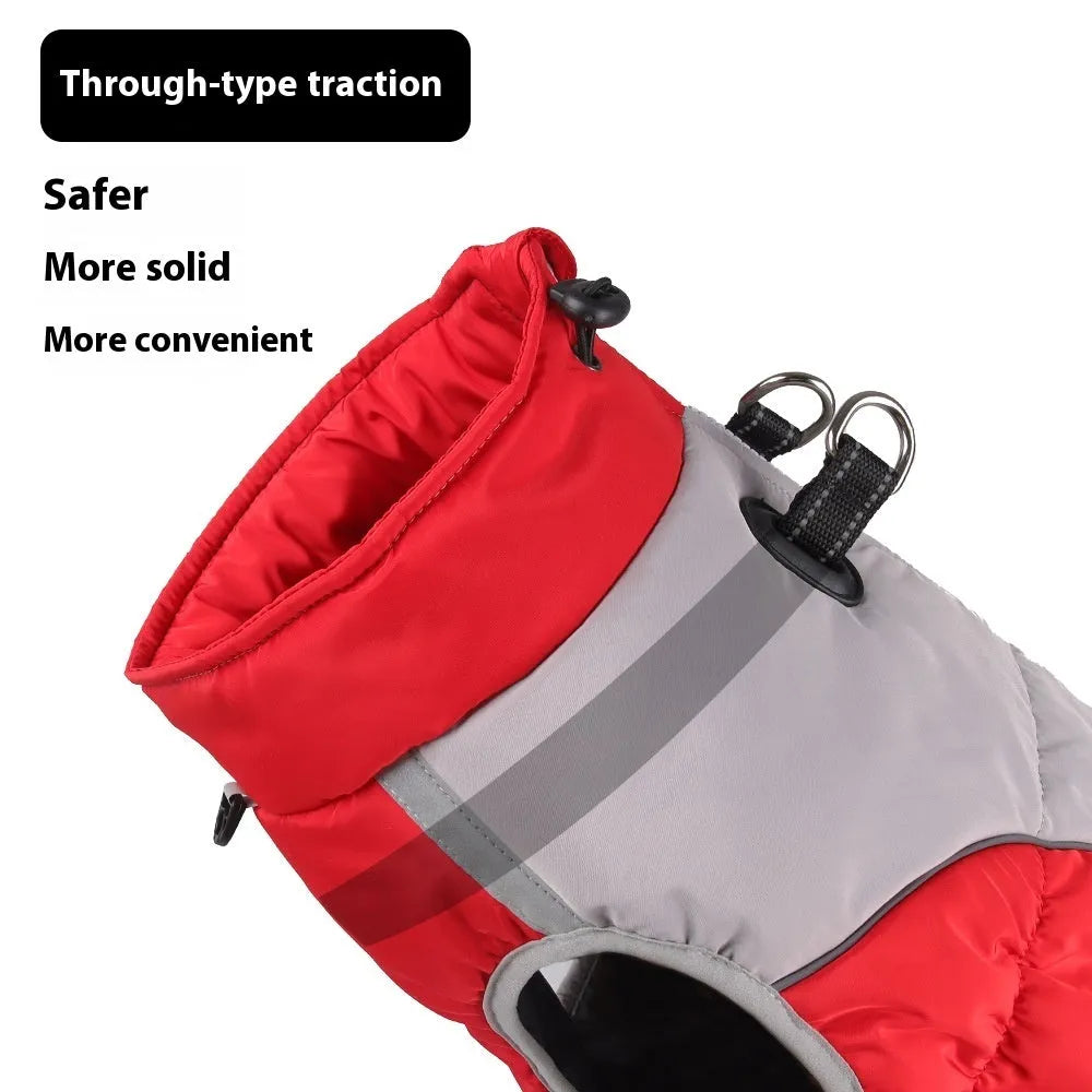 Windproof cotton dog coat for medium and large dogs in black, blue, red, and navy, sizes XL to 6XL
