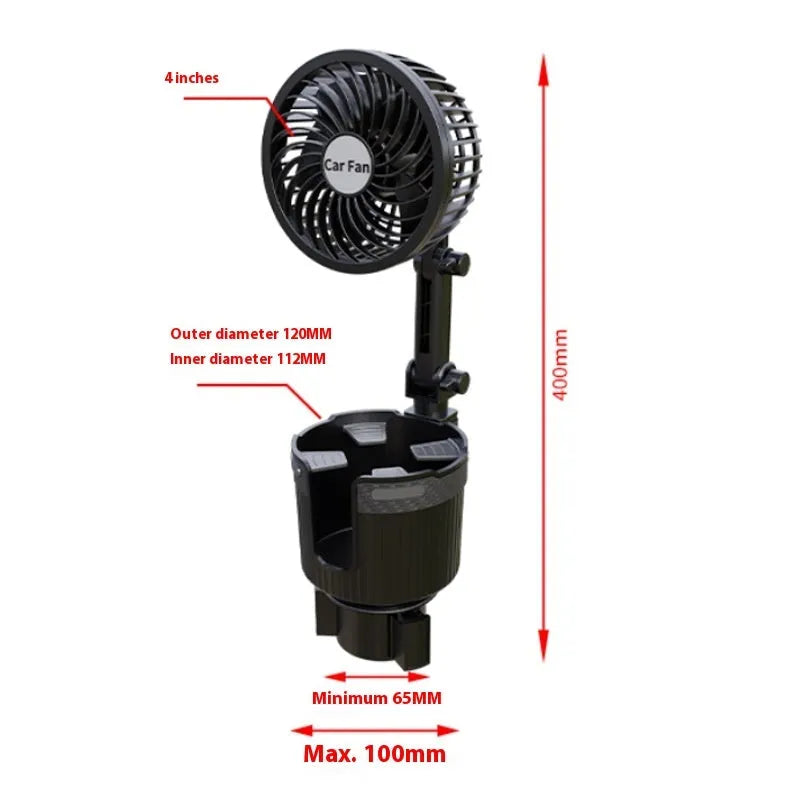 Car water cup holder fan in ABS plastic available in 4-inch and 6-inch sizes with multiple power connection options.