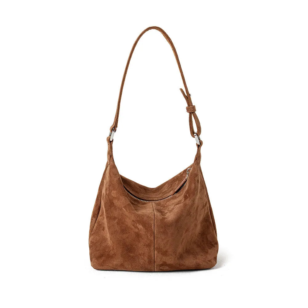 Large capacity goat skin suede pillow-shaped tote bag with sewing thread detail, 20x11x13cm, available in nine colours