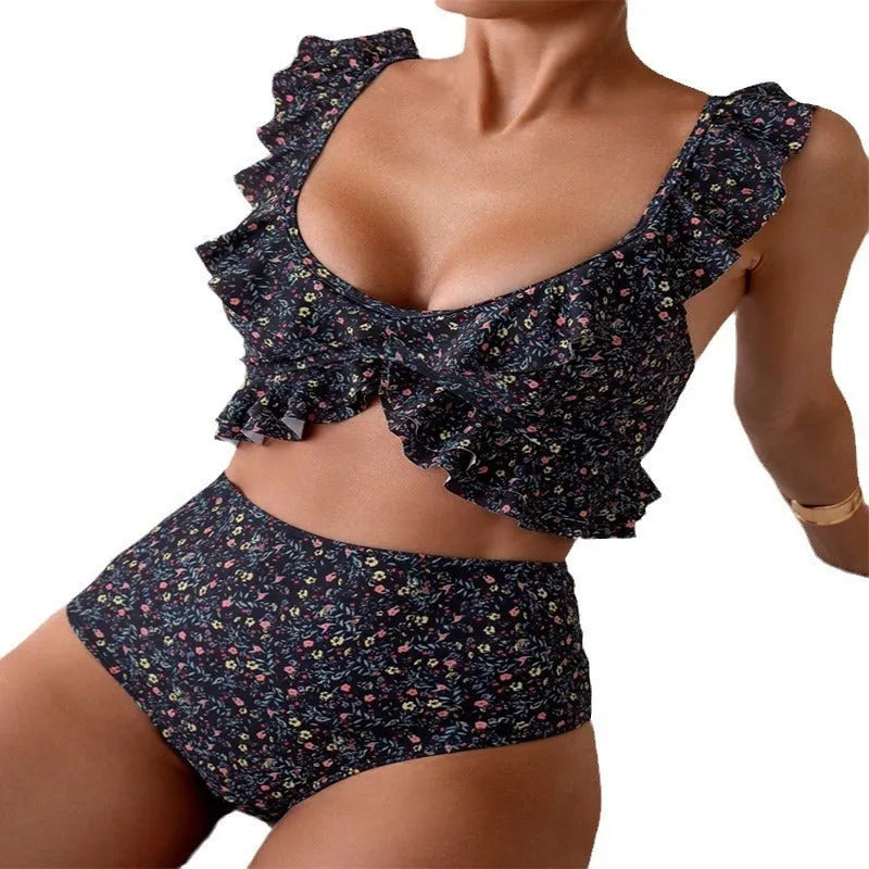 Women's floral flounce split swimsuit set in black floral – backless polyester briefs