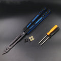 Unbladed ether butterfly knife trainer with aluminium handle and G10 grip, 25.5cm expansion length